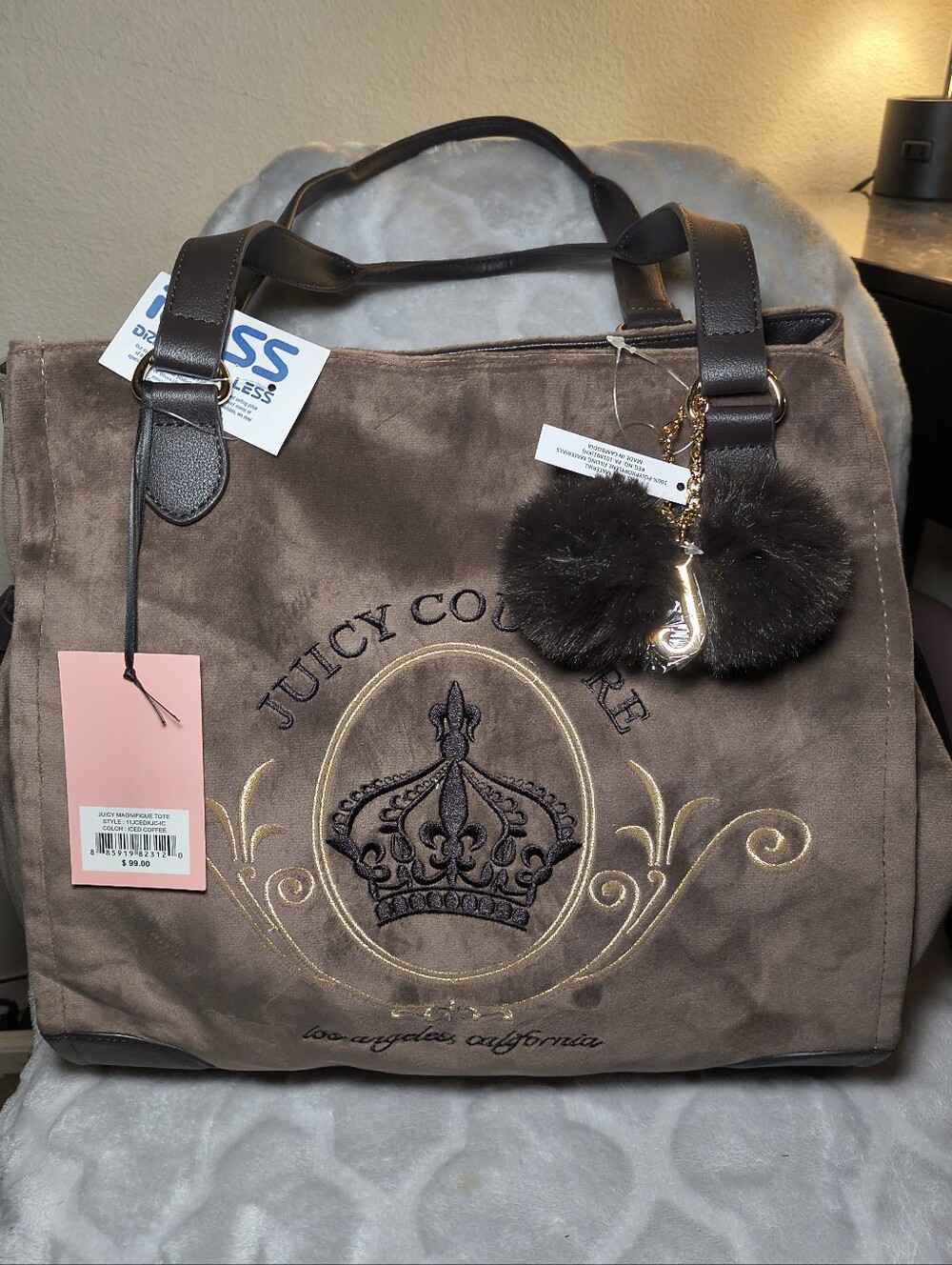 Juicy Couture Magnifique Brown Velour Tote Bag Iced Coffee NEW